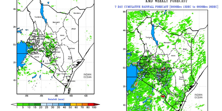 A Photo Collage Of A Map Of Kenya Illustrating Rainfall Intensity Across Several Counties. Photo/Kmd
