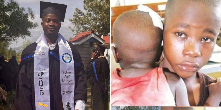 Sonko’s Adopted Son Gift Osinya Graduates With It Degree, 11 Years After Likoni Al-Shabaab Attack A Collage Of Gift Osinya During His Graduating In December 2025 And A Photo Taken After A Terror Attack In Likoni, Mombasa, In 2014. Photos-Mike Sonko