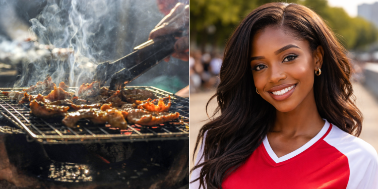 A Collage Of A Barbeque Grill (Left) And A Photo Of A Girl In A Football Jersey.
