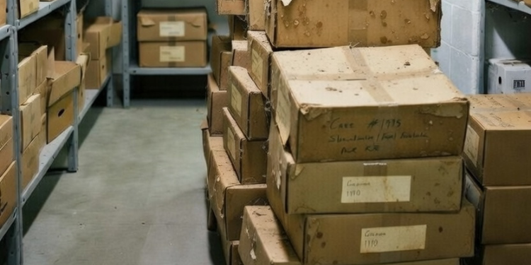 An Ai-Generated Image Of Case Files Stacked In A Store.