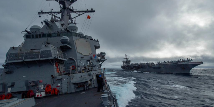 Us Navy Denies Claims That Injured Sailor Was Hit By The Iranian Military Sailors Aboard The Uss John Finn (Ddg 113) Watch As The Ship Approaches The Uss Theodore Roosevelt (Cvn 71). John Finn, Part Of The Theodore Roosevelt Carrier Strike Group.
