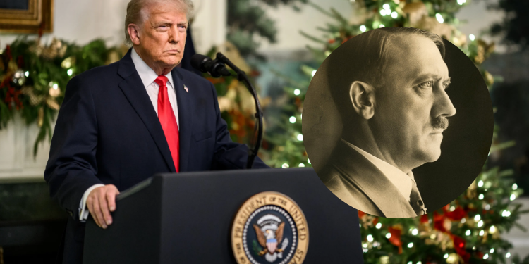 Trump Would Have Stopped Hitler: Retired Harvard Professor’s Claim Ignites Debate A Composite Image Showing Donald Trump At A Podium (2025) With An Overlaid Portrait Of Adolf Hitler.