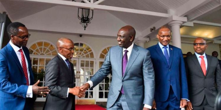 1,000 Ceos Advise Ruto On Reforms Needed To Boost Business Climate President William Ruto Shakes The Hand Of Safaricom Ceo Peter Ndegwa After Meeting With The Telco And Banks Executives. Photo/Nmg