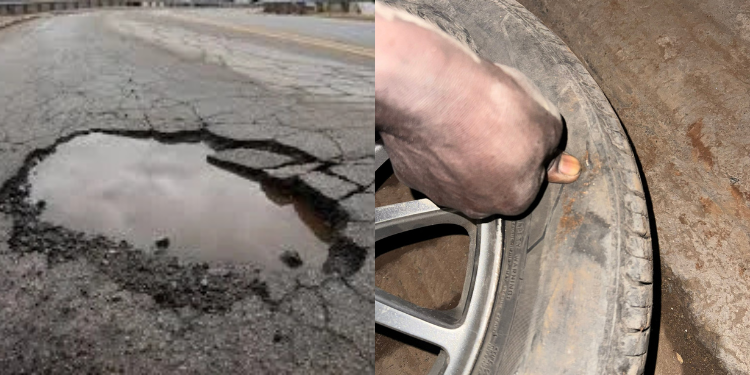A Damaged Tyre Due To The Dangerous Potholes In Kilimani And Hurlingham.photo/ Benerd Ndong/ X