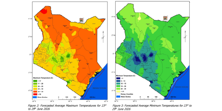 Forecasted Average Minimum And Maximum Temperatures. Photo/ Kenya Met