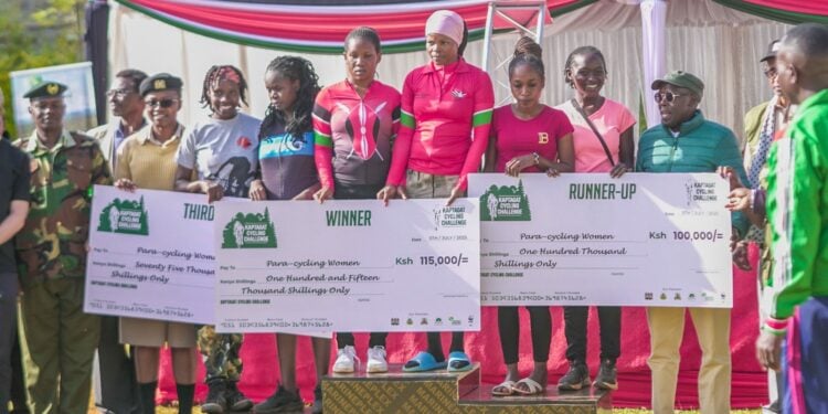 Ps Kiptoo Flags Off 4Th Kaptagat Cycling Challenge Participants Lined Up With Their Cash Prizes During The Previous Edition Of The Kaptagat Cycling Challenge. Photo: File