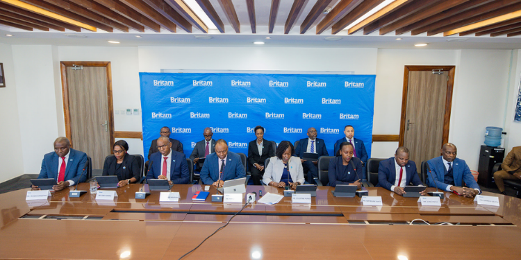Britam Group Managing Director and CEO Tom Gitogo and other officials during the launch of Britam’s half-year results PHOTO/Britam