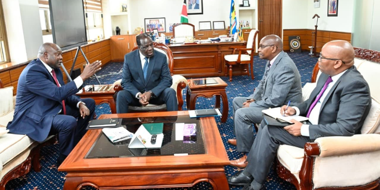 Chairperson Francis Meja during a courtesy call with Cabinet Secretary for Cooperatives and MSMEs Development Wycliffe Oparanya at the NSSF Building on August 4, 2026 PHOTO/PSC