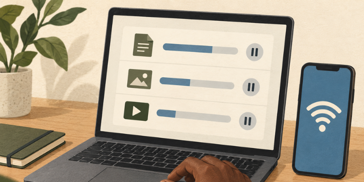 Illustration Of Document, Photo And Video Transfers With Pause Controls Beside A Phone. Photo/Handout