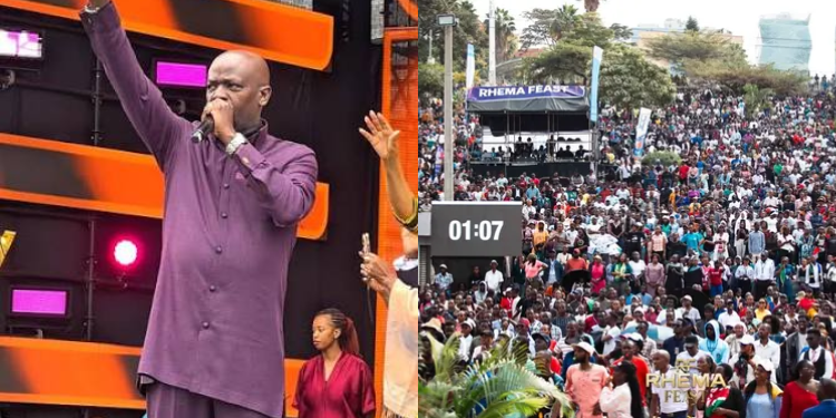 A Collage Of Rev Julian Kyula, Founder Of Ruach Assemblies, And The Congregation Gathered During Rhema Feast 2026 At Uhuru Park. Photo/Rhema Feast