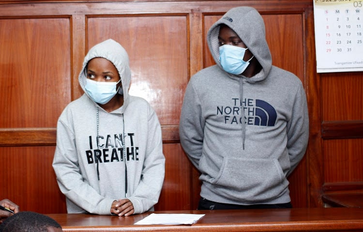 Jkuat Student Anne Wambui And Antony Ngigge At The Milimani Law Court Where They Were Charged With Conspiracy To Defraud Ncba Bank Kshs.190,767,195.They Were Released On  Khs.500000 Cashbail On October 26,2020.Photo/Courtesy.