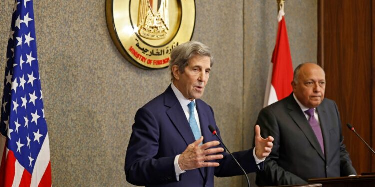 United States Climate Envoy John Kerry, On The Left, And Egypt'S Foreign Minister Sameh Shoukri Hold A Joint Press Conference In The Capital Cairo, On February 21, 2022 | Afp