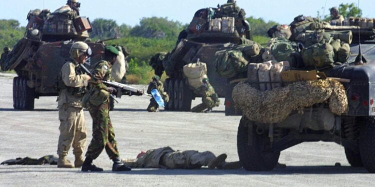 Kenyan Military Troops And Us Marines Carry Out A Joint Military Exercise In Manda Bay Near The Coastal Town Of Lamu 15 January 2004 Afp Photo/Simon Mainakenyan Military Troops And Us Marines Carry Out A Joint Military Exercise In Manda Bay Near The Coastal Town Of Lamu 15 January 2004. Afp Photo/Simon Maina |