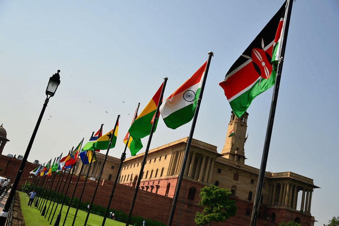 Flags Of India And African Countries At The 2015 India Africa Friendship Summit In New Delhi | Photo By Priyanka Parashar/Mint Via Getty Images