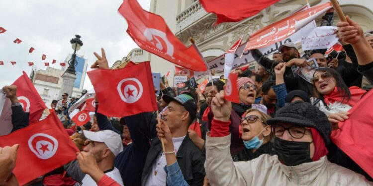 Tunisian Demonstrators Chant Slogans And Wave Their Country'S National Flag In Support Of President Kais Saied, In The Capital Tunis | Afp