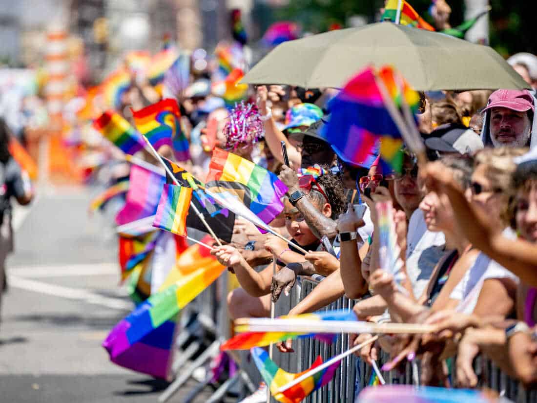 People In Pride Colors Attend And March During The 2022 New York City Pride March On June 26, 2022 In New York City. (Photo By Roy Rochlin/Getty Images)
