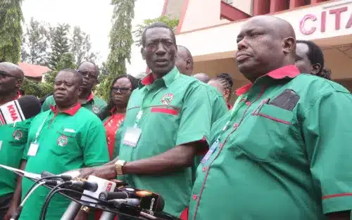 Knut Warns Mps Against Manipulating Hiring Of New Teachers Knut Officials Led By Secretary General Collins Oyuu Addresse Journalists Yesterday In Kisumu At The Start Of Their National Delegates Annual Conference.photo/Courtesy