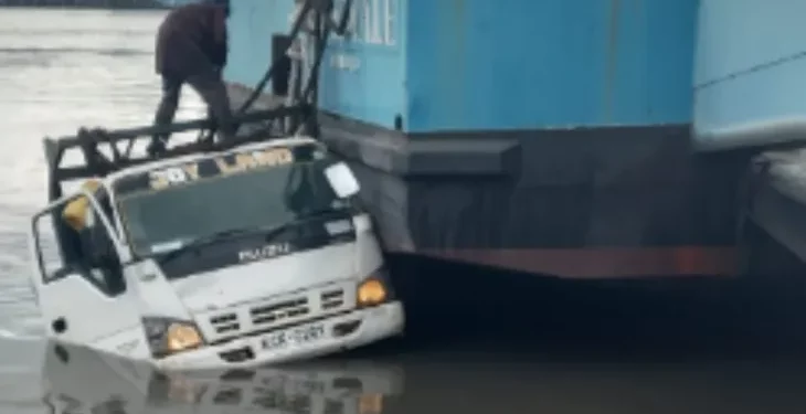 Two Escape Death As Lorry Plunges Into Indian Ocean Lorry Plungde Into Indian Ocean At Likoni Ferry On Saturday, December 24. Photo/Courtesy