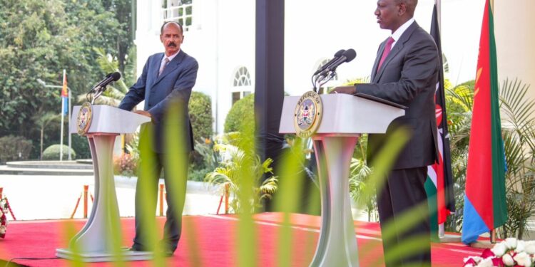 President William Ruto And His Eritrean Counterpart  Isaias Afwerki At State House, Nairobi.photo/Pcs