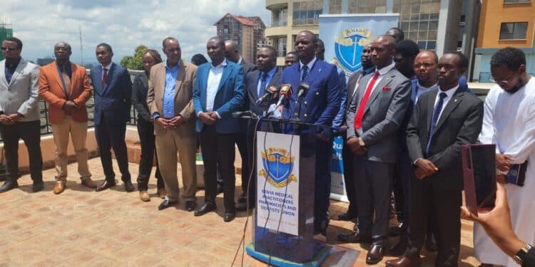 Health Workers In 12 Counties To Strike Next Week Over Delayed Salaries Kmpdu Officials At A Past Press Conference.photo/Kmpdu