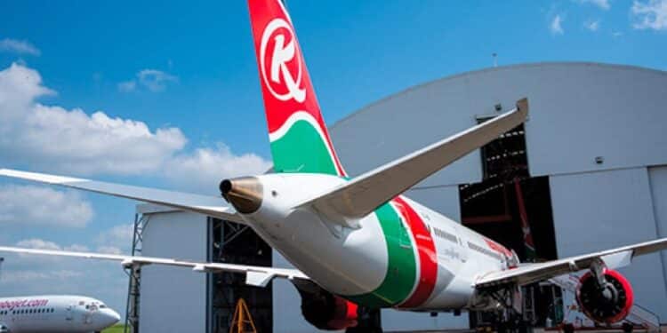 A Photo Showing A Kenya Airways Kq Aircraft In Hangar At The Jkia In Nairobi.