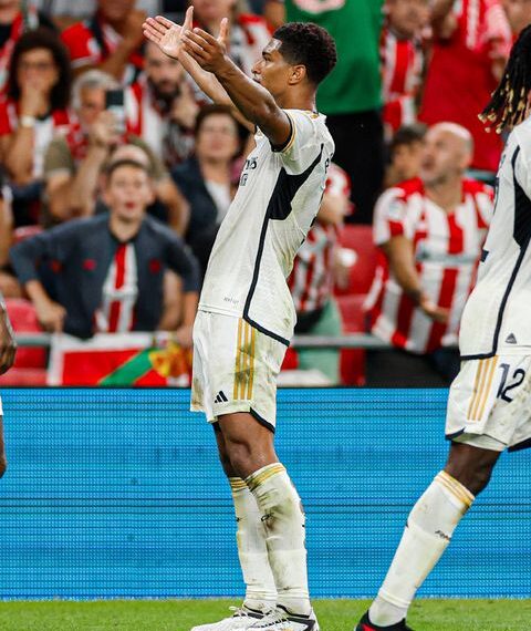 Real Madrid Midfielder Jude Bellingham Celebrates After Scoring In A Previous Match.