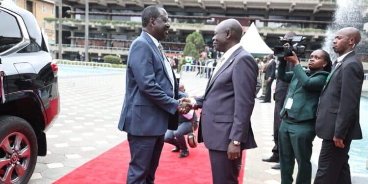 Raila Declares Support For One Man, One Shilling Formula Dp Rigathi Gachagua Welcoming Former Prime Minister Raila Odinga At Kicc During The Africa Climate Summit On Tuesday, September 5. Photo/Courtesy.