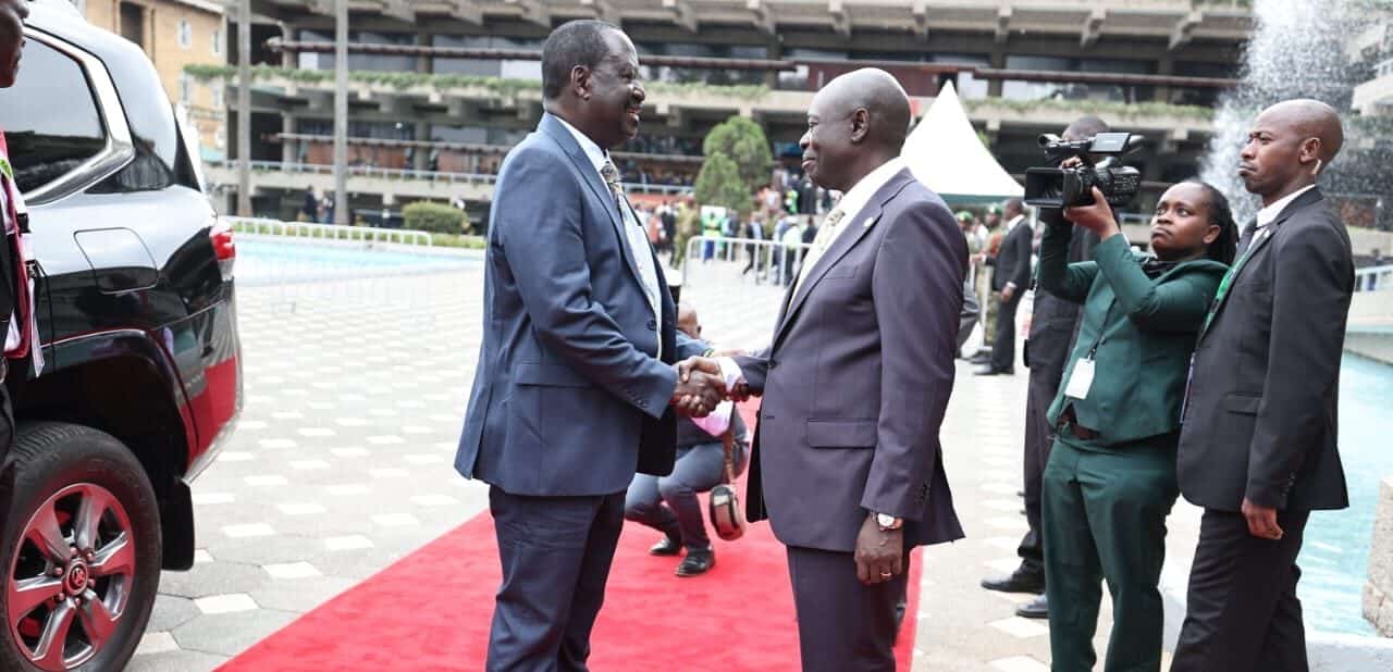 Dp Rigathi Gachagua Welcoming Former Prime Minister Raila Odinga At Kicc During The Africa Climate Summit On Tuesday, September 5. Photo/Courtesy.