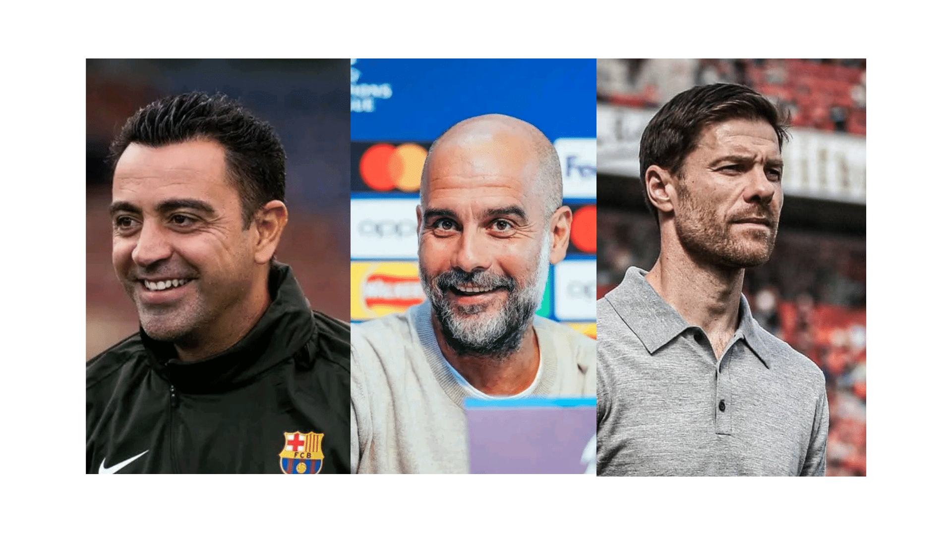 From Left Barcelona Coach Xavi Hernandez, Manchester City Coach Pep Guardiola And Bayern Leverkusen Boss Xavi Alonso. The 3 Coaches Are Unbeaten.