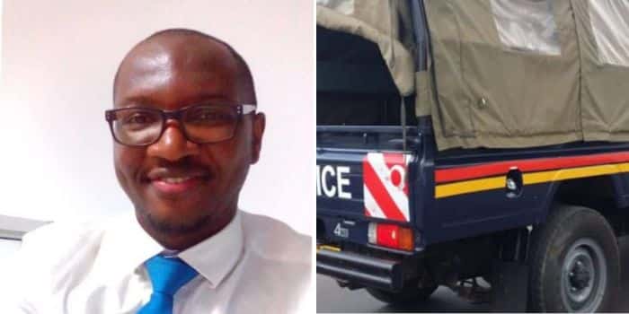 A Photo Collage Of Eric Maigo, The Late Nairobi Hospital Staffer And A Photo Of Kenya Police Van Used In A Past Operation.