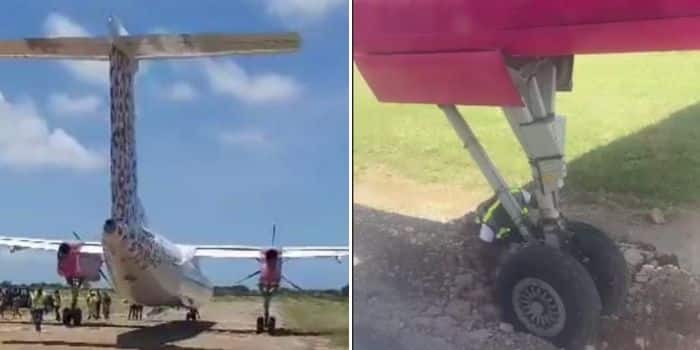 A Photo Collage Of A Jambojet Aircraft And A Photo Showing The Stuck Wheels At The Manda Airstrip.