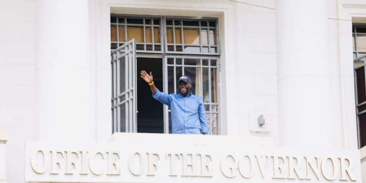 Nairobi Governor Johnson Sakaja Waves From City Hall'S Balcony In Nairobi.
