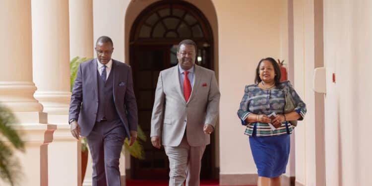 Kra, Kenya Power Ceos Among Bosses Summoned Prime Cs Musalia Mudavadi (Center), Ict Cs Eliud Owalo, And Secretary To The Cabinet Mercy Wanjau Take A Stroll At State House.