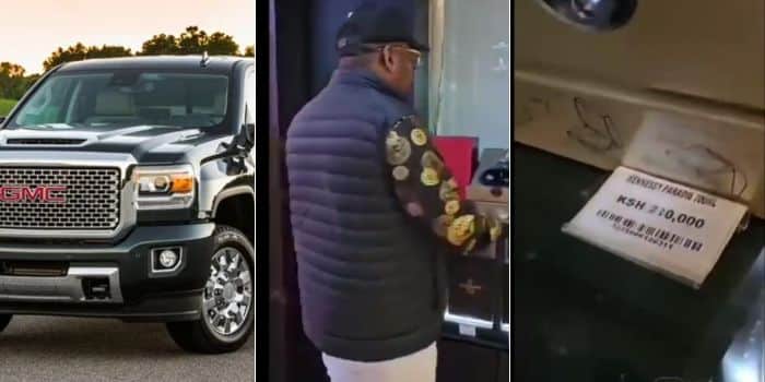 Sonko Seeks Truce With Uhuru After Buying Him Ksh220K Liquor A Photo Collage Of The Gmc Truck Model Mike Sonko Arrived In At The Liquor Store, A Photo Of Him Eploring The Variety Of Drinks In The Store And A Photo Of A Price Tag Placed On One Of The Drinks.