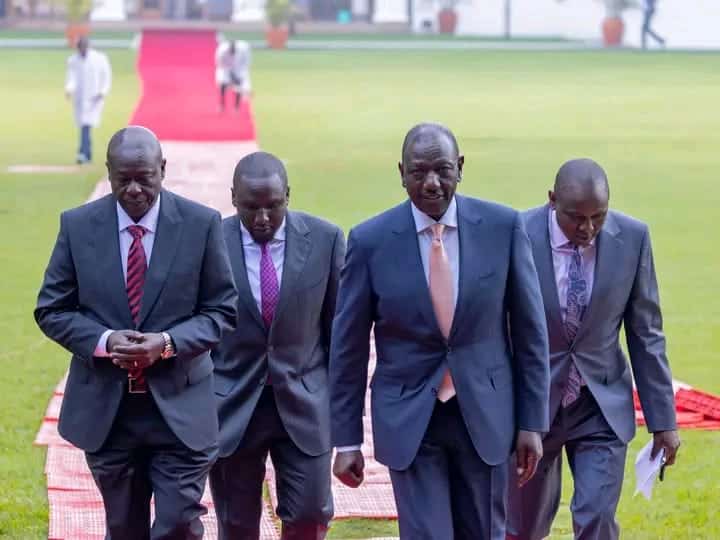 From Left: Deputy President Rigathi Gachagua, Kericho Senator Aaron Cheruyoit, President William Ruto, And Majority Leader Kimani Ichung'Wah Arrive For The Kenya Kwanza Parliamentary Group Meeting At State Housse On November 7, 2023.