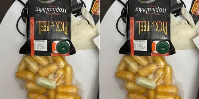 A Photo Collage Of Narcotics Caught Stashed Inside Fruit Juice Packaging In The Past. 
