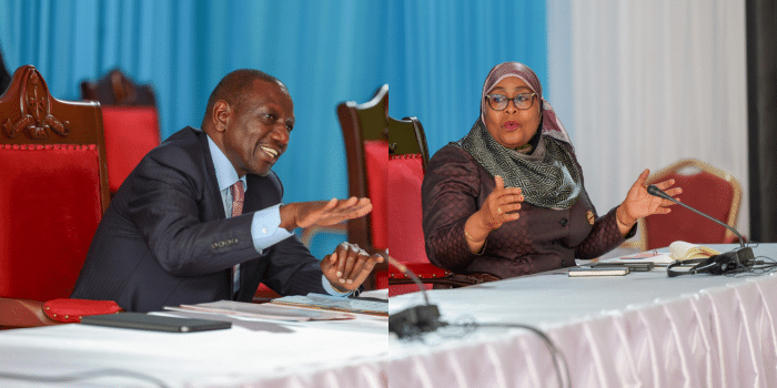 A Collage Of President William Ruto With Tanzanian President Samia Suluhu. Photo/Pcs.