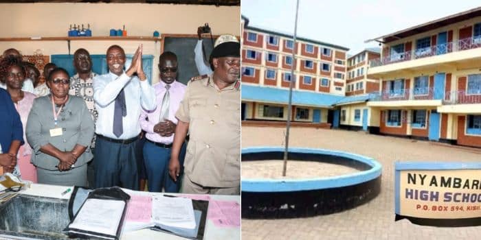 Kcse Leakage: 9 Principals Suspended As Crackdown On Exam Cheating Intensifies A Photo Collage Of Education Cs Ezekiel Machogu During An Inspection Tour In The Ongoing Kcse (Left) And A Photo Of Nyambaria High School Where A Principal Was Arrested.