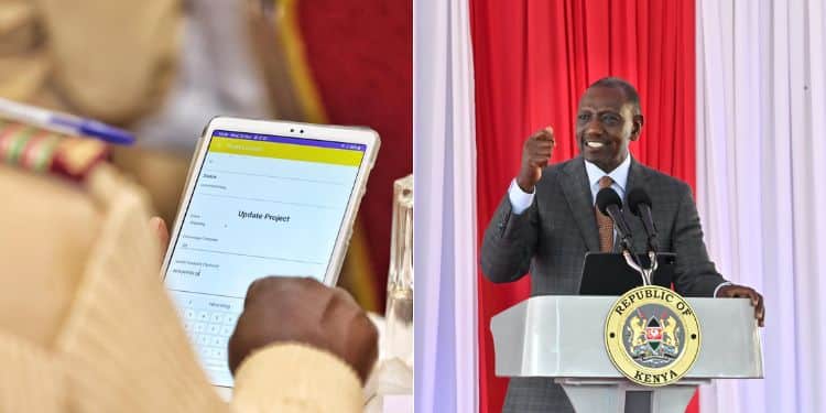 A Collage Of National Government Administrative Officer Uses A Tablet In The Past (Left) And President William Ruto (Right) Photo/Courtesy