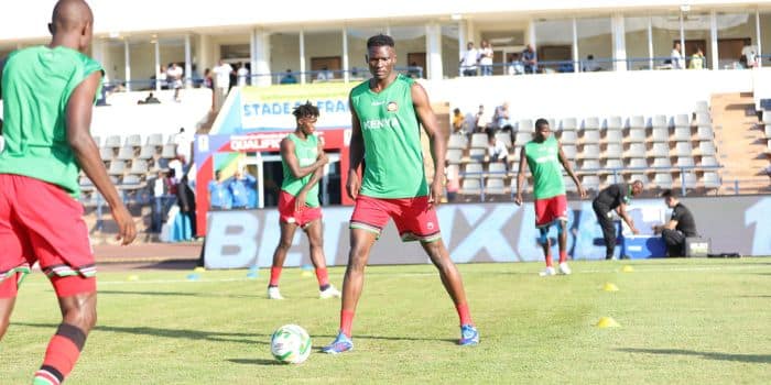 Harambee Stars Skipper Michael Olunga (Right) And Midfielder Kenneth Muguna During A Training Session In Gabon Ahead Of Their Football Match.