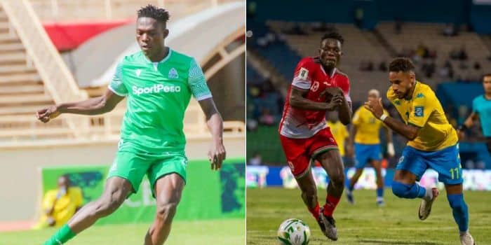 A Photo Collage Of Gor Mahia'S Right Back During A Past Match And A Photo Collage The Player In Action Against Gabon.