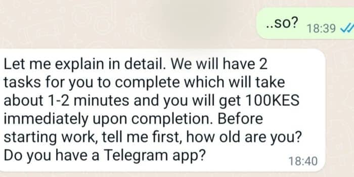 Why You Should Not Be Quick To Accept Online Job Offers A Screenshot Of A Whatsapp Message Shared By The Dci To Illustrate Tricks Used In Phishing Attacks.