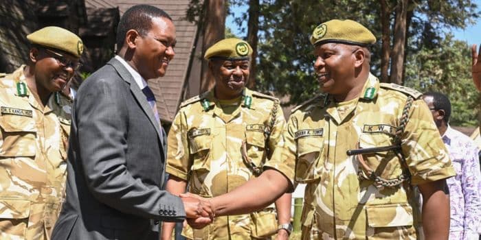 Alfred Mutua Announces Free Entry To All National Parks Tourism Cs Aflred Mutua (Left) Interacts With Kws Officers On December 8, 2023.