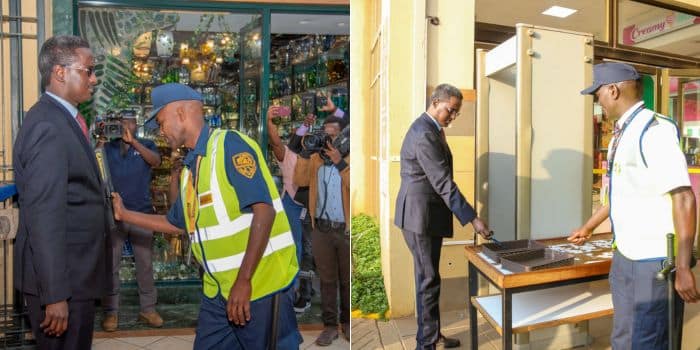 A Photo Collage Of Psra Director General Going Through The X-Ray Scanners At A Mall In Nairobi.
