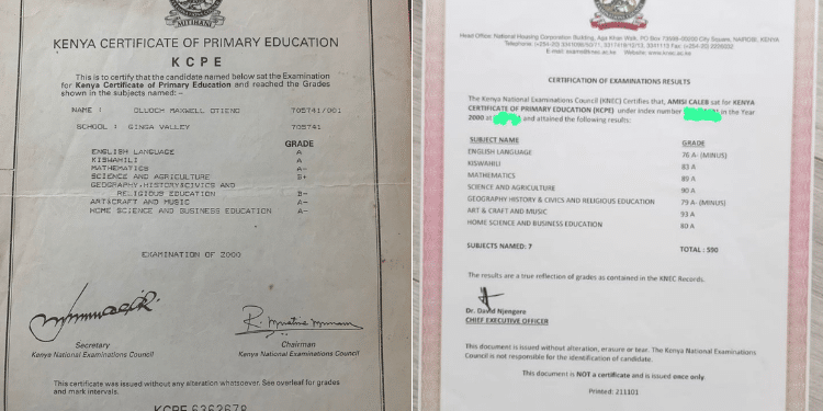 A Photo Collage Of Kcpe Certificates Posted By Hon Caleb Amisi And Maxwel Otieno. 