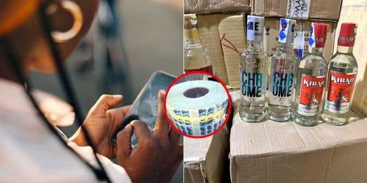Kra Unveils New App To Identify Fake Products; How It Will Work A Photo Collage Of A Lady Using A Mobile Phone (Left) And A Photo Counterfeit Alcoholic Drinks With Fake Kra Stamps. Photo/Courtesy.