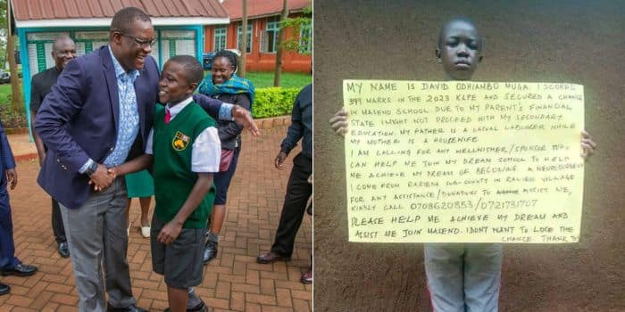 Cs Owalo Pays Full School Fees For Needy Kcpe Candidate A Side By Side Photo Of Ict Cs Eliud Owalo With The Boy And A Photo Of The Boy'S Appeal For Aid.