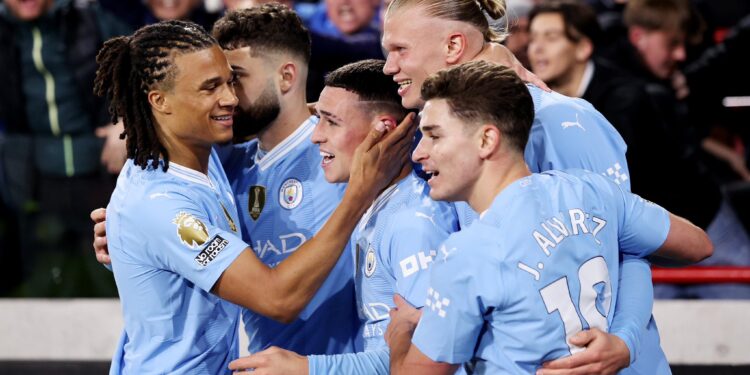 Manchester City’s Erling Haaland Breaks 54-Year Record In Fa Cup Manchester City Players Celebrating A Hatrick From Phil Foden.