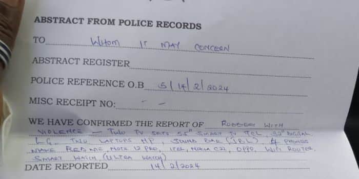 How Thugs In Police Uniform Robbed Naivasha Woman A Police Abstract Of A Robbery That Took Place In The Naivasha-Mirera Area On February 14, 2023. Photo/Sikika Road Safety