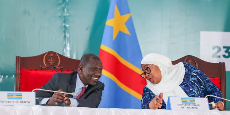 Presidents William Ruto And Samia Suluhu Of Tanzania. Photo/Pcs.